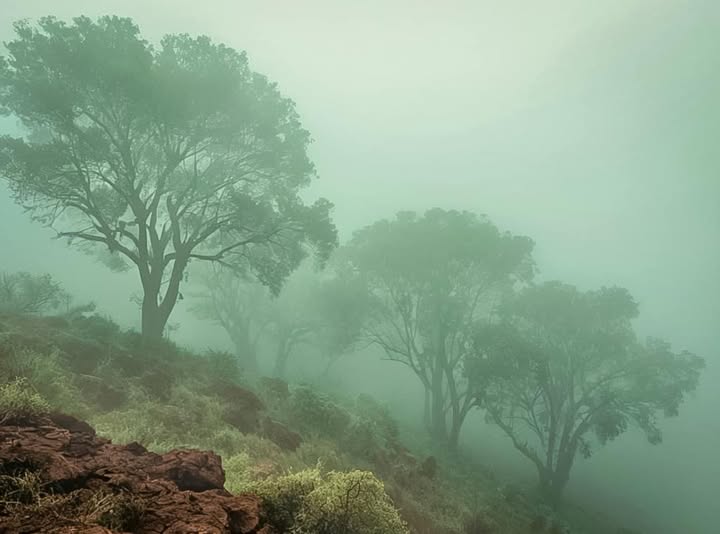 TREES IN THE COLD EMBRACE OF THE MORNING MIST